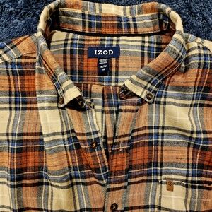 Izod Men's Plaid Button-Down Flannel Shirt - Orange, Blue